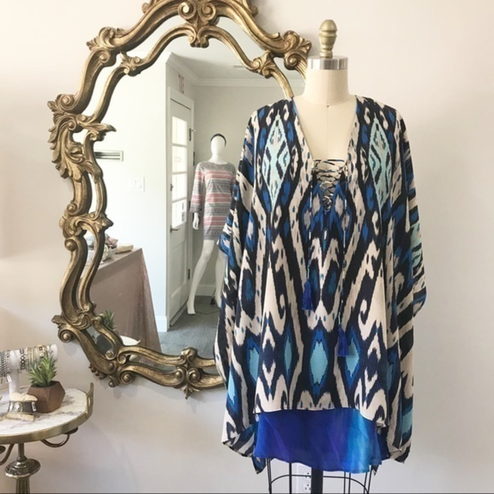 BEAUTIFUL BLUES 100%‎ SILK TUNIC BLOUSE FLOWY CAFFE SWIM COVERUP